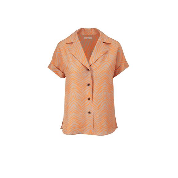 Lafayeyye 148 Sabine Tanned Coral Print Silk Blouse Funky Orange Stripe XL